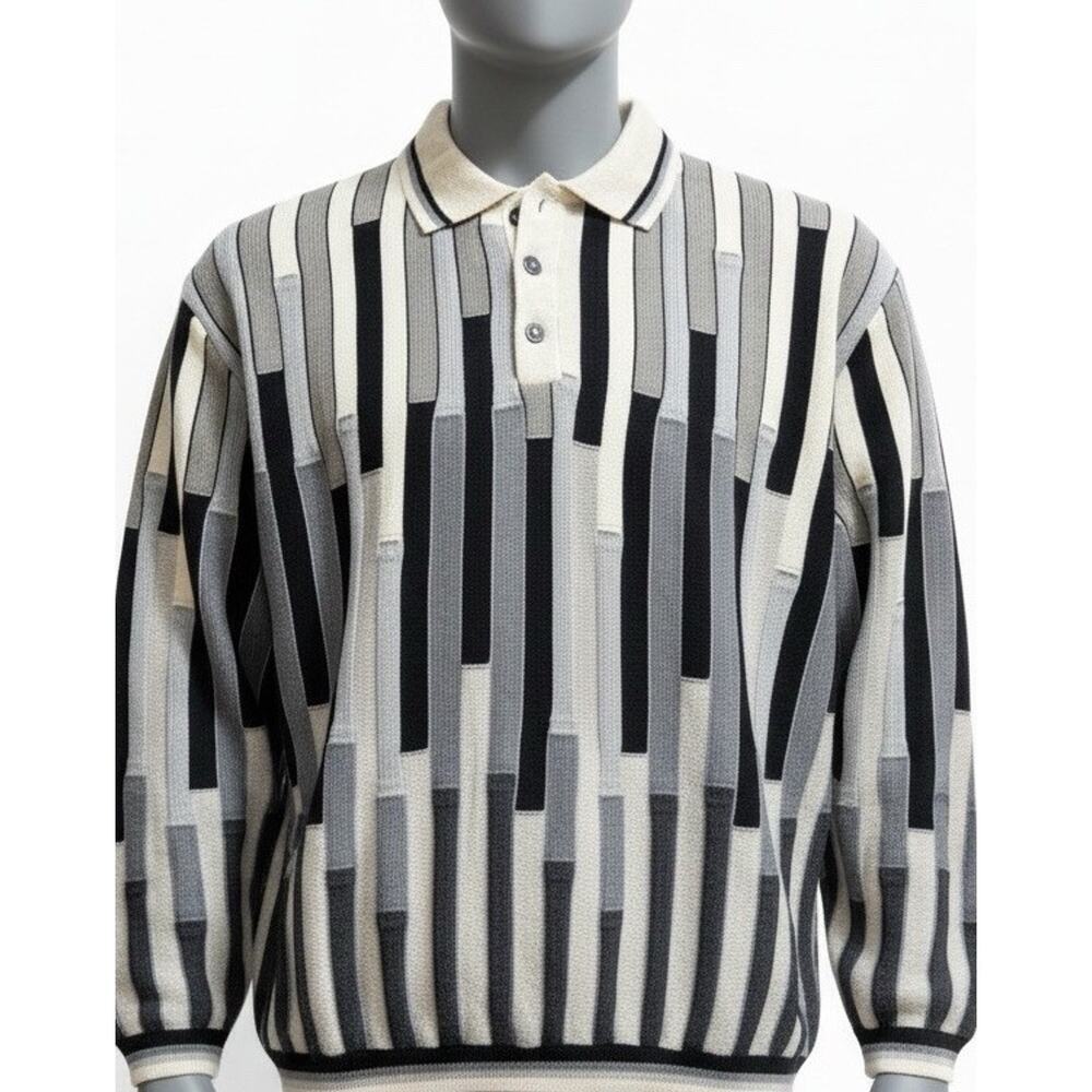 Tundra Canada Collared Wool Striped Sweater Mens L Black White VtG 1990s